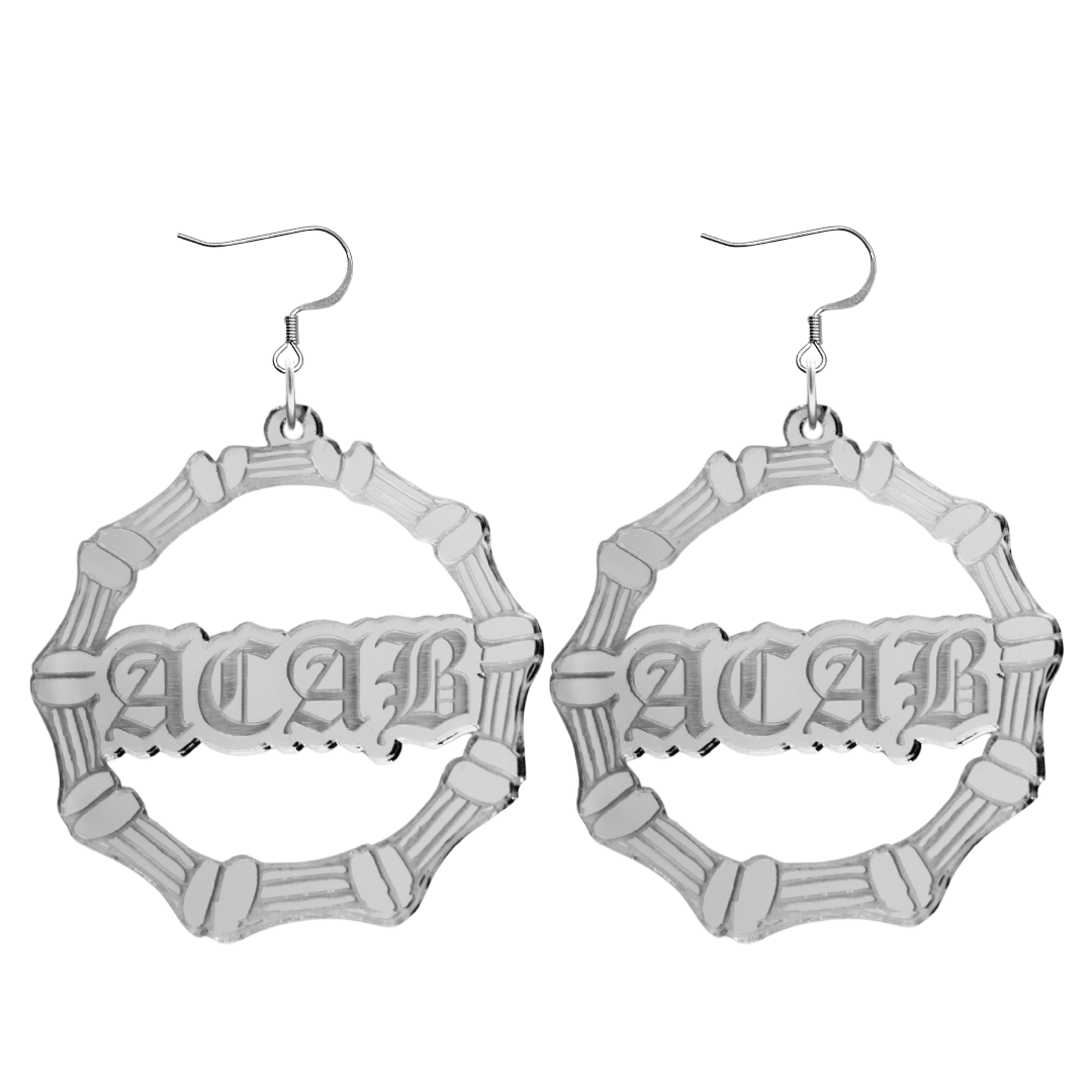 haus of dizzy acrylic silver mirror bamboo hoops with old english text that reads ACAB with hooks no circle stud tops size large