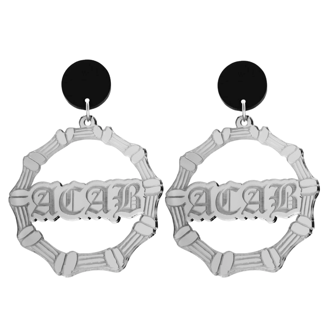 haus of dizzy acrylic silver mirror bamboo hoops with old english text that reads ACAB with black circle stud tops size large