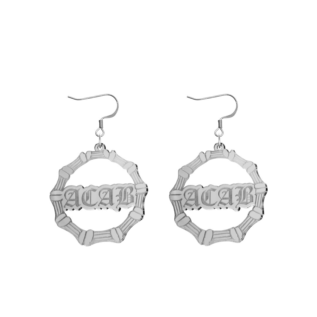 haus of dizzy acrylic silver mirror bamboo hoops with old english text that reads ACAB with hooks no circle stud tops size small