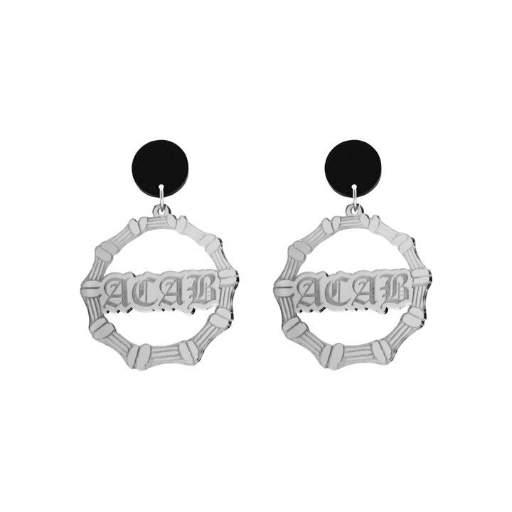 haus of dizzy acrylic silver mirror bamboo hoops with old english text that reads ACAB with black circle stud tops size small