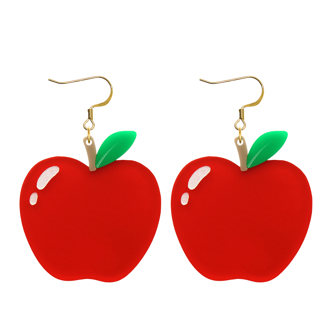 An image of Haus of Dizzy's an apple a day full earrings, large apple-shaped dangle earrings, with red, brown, and green acrylic and hook top.