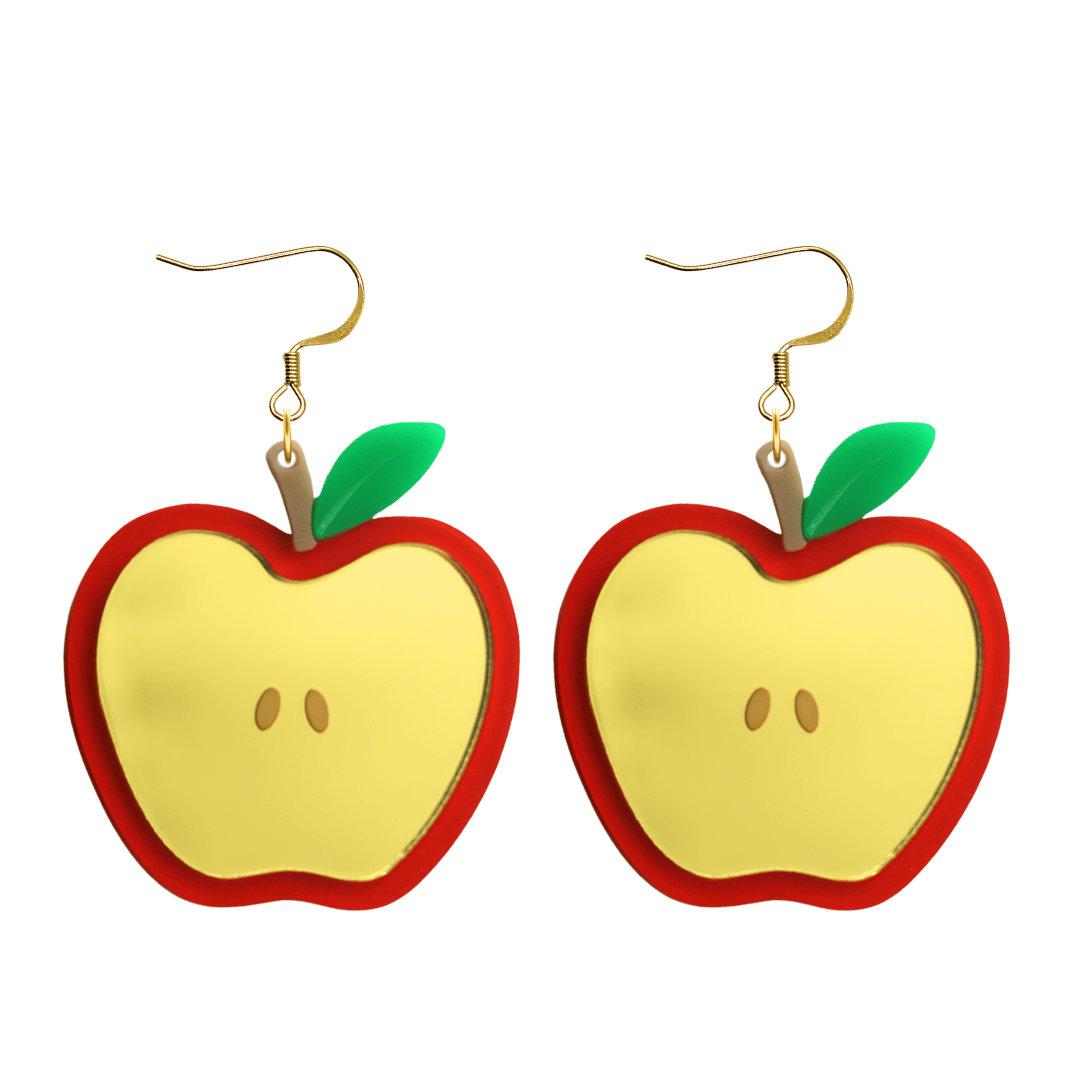 An image of Haus of Dizzy's an apple a day cut earrings, large apple-shaped dangle earrings, with red, gold mirror, brown, and green acrylic and hook top.