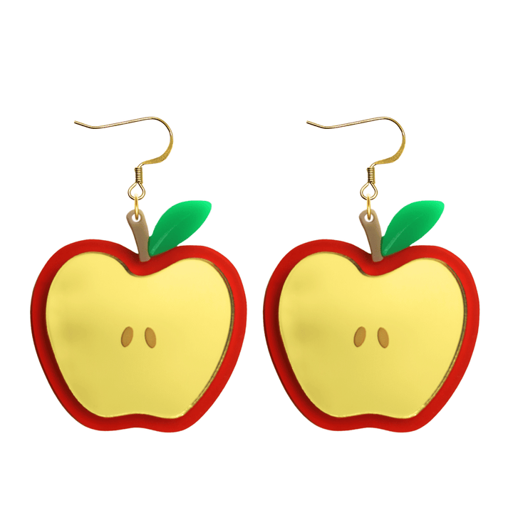 An image of Haus of Dizzy's an apple a day cut earrings, large apple-shaped dangle earrings, with red, gold mirror, brown, and green acrylic and hook top.