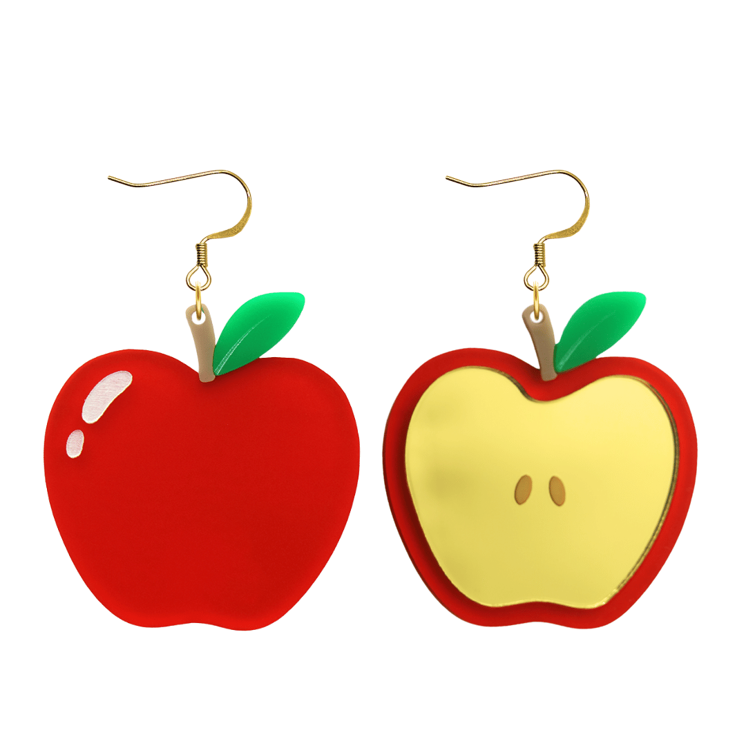 An image of Haus of Dizzy's an apple a day with one full apple and one cut apple earrings, large apple-shaped dangle earrings, with red, gold mirror, brown, and green acrylic and hook top.

