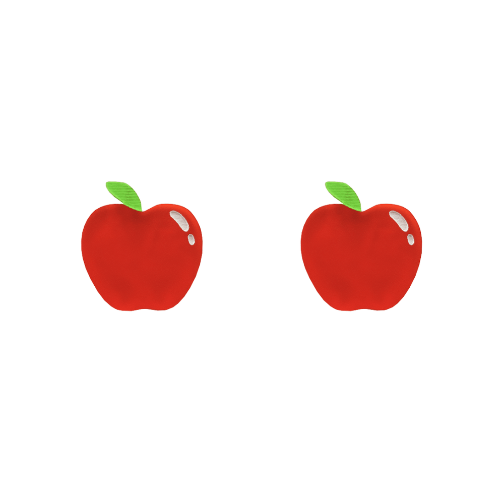 An image of Haus of Dizzy's an apple a day apple-shaped studs, with red acrylic and green paintfill.