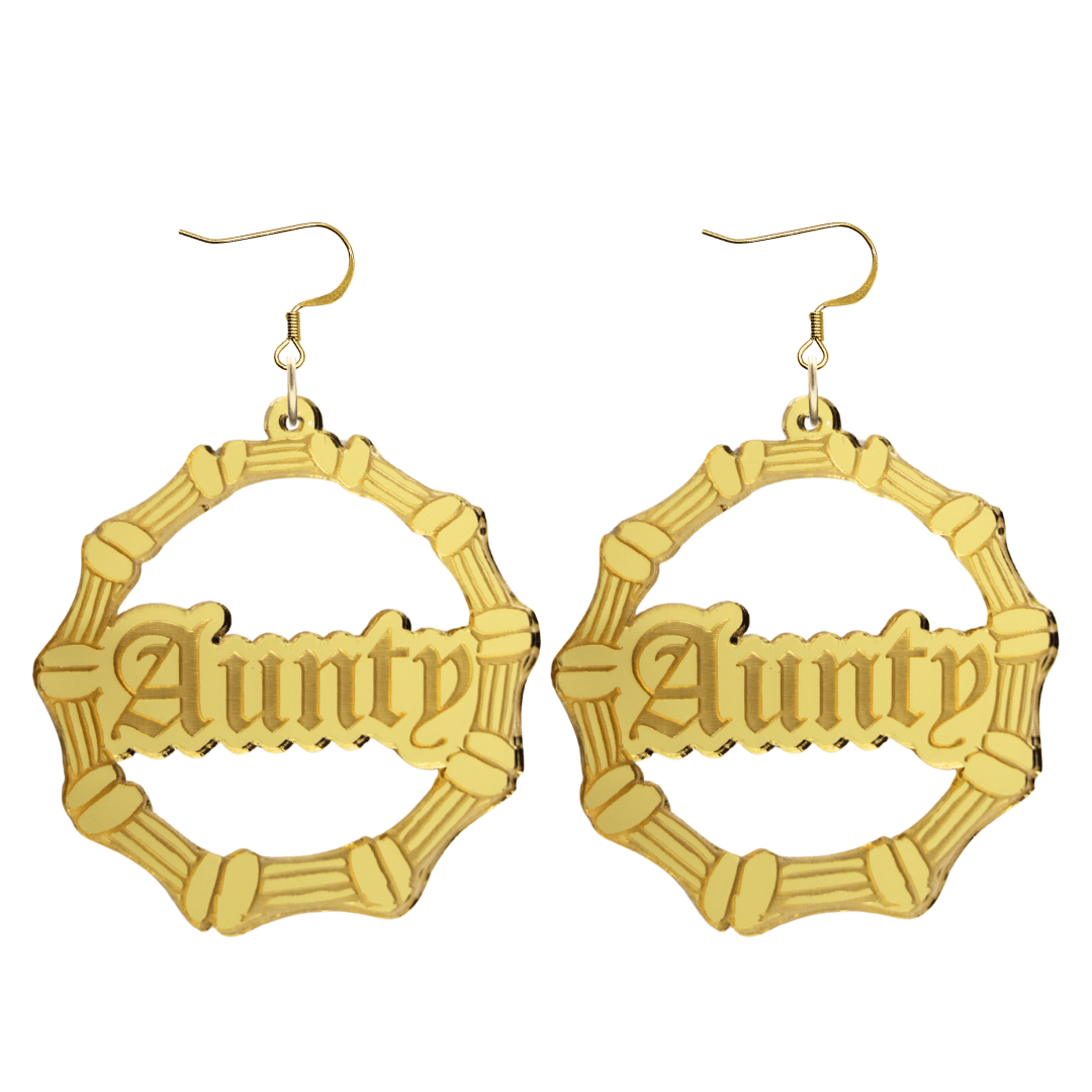 haus of dizzy acrylic gold mirror bamboo hoops with old english text that reads aunty with hooks no circle stud tops size large