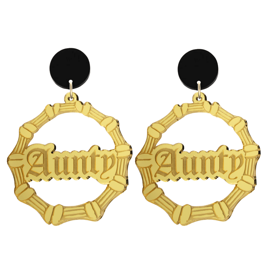 haus of dizzy acrylic gold mirror bamboo hoops with old english text that reads aunty with black circle stud tops size large