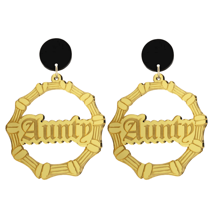haus of dizzy acrylic gold mirror bamboo hoops with old english text that reads aunty with black circle stud tops size large