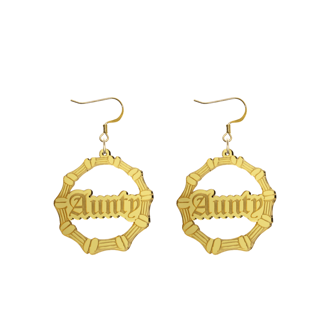 haus of dizzy acrylic gold mirror bamboo hoops with old english text that reads aunty with hooks no circle stud tops size small