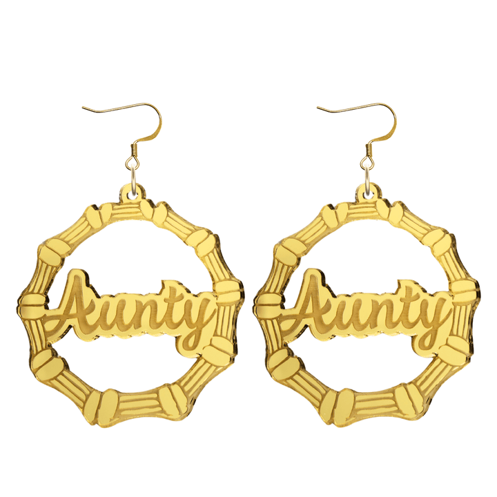haus of dizzy acrylic gold mirror bamboo hoops with ollie cursive text that reads aunty with hooks no circle stud tops size large