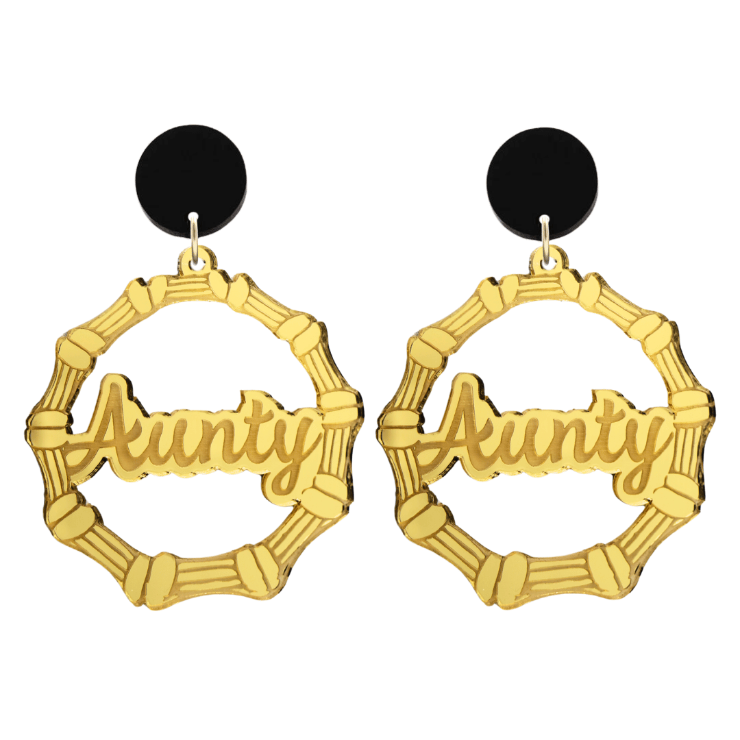 haus of dizzy acrylic gold mirror bamboo hoops with ollie cursive text that reads aunty with black circle stud tops size large