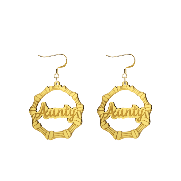 haus of dizzy acrylic gold mirror bamboo hoops with ollie cursive text that reads aunty with hooks no circle stud tops size small