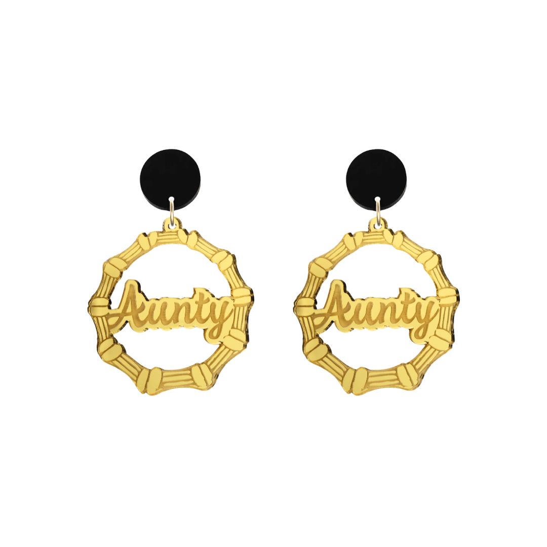 haus of dizzy acrylic gold mirror bamboo hoops with ollie cursive text that reads aunty with black circle stud tops size small