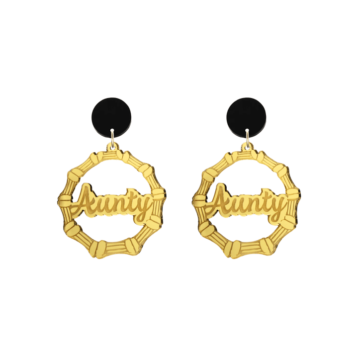 haus of dizzy acrylic gold mirror bamboo hoops with ollie cursive text that reads aunty with black circle stud tops size small