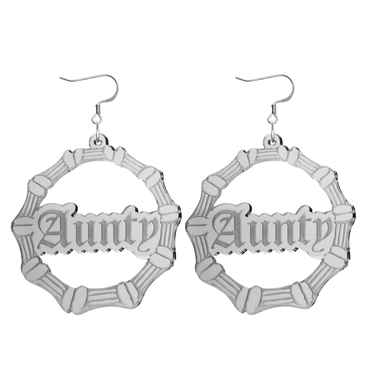haus of dizzy acrylic silver mirror bamboo hoops with old english text that reads aunty with hooks no circle stud tops size large
