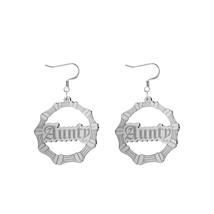 haus of dizzy acrylic silver mirror bamboo hoops with old english text that reads aunty with hooks no circle stud tops size small