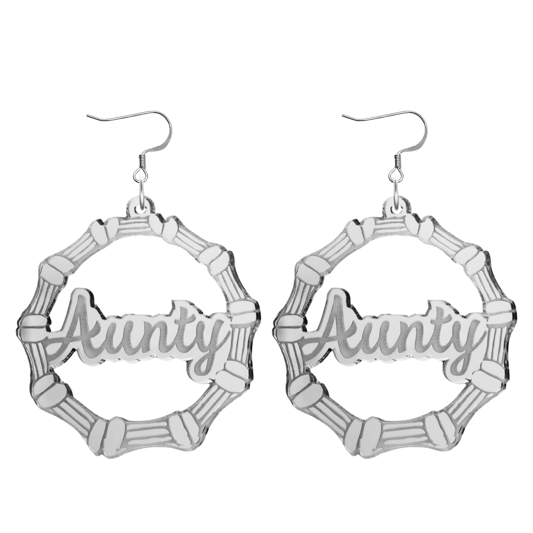 haus of dizzy acrylic silver mirror bamboo hoops with ollie cursive text that reads aunty with hooks no circle stud tops size large