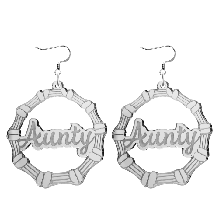 haus of dizzy acrylic silver mirror bamboo hoops with ollie cursive text that reads aunty with hooks no circle stud tops size large