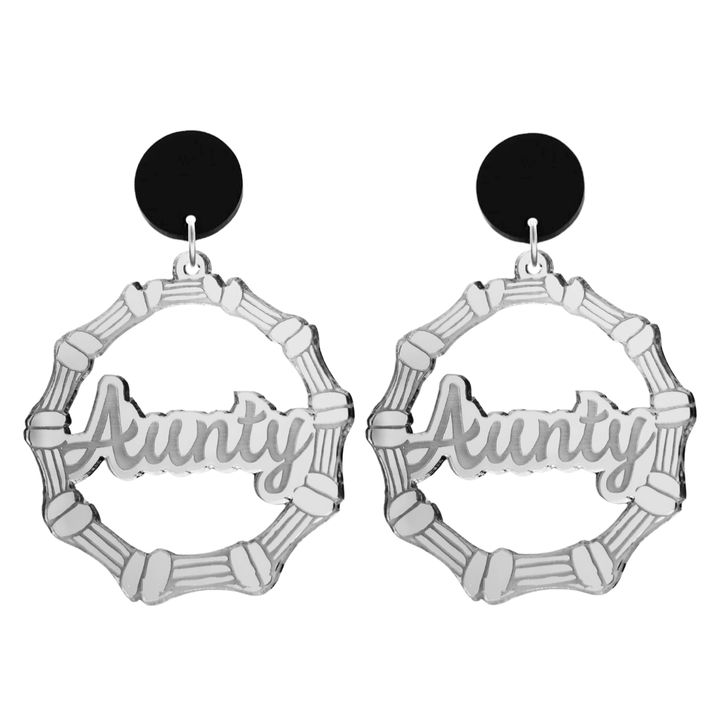 haus of dizzy acrylic silver mirror bamboo hoops with ollie cursive text that reads aunty with black circle stud tops size large