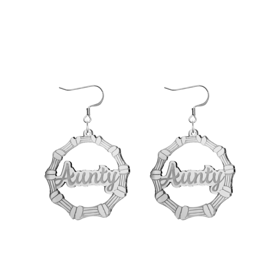 haus of dizzy acrylic silver mirror bamboo hoops with ollie cursive text that reads aunty with hooks no circle stud tops size small