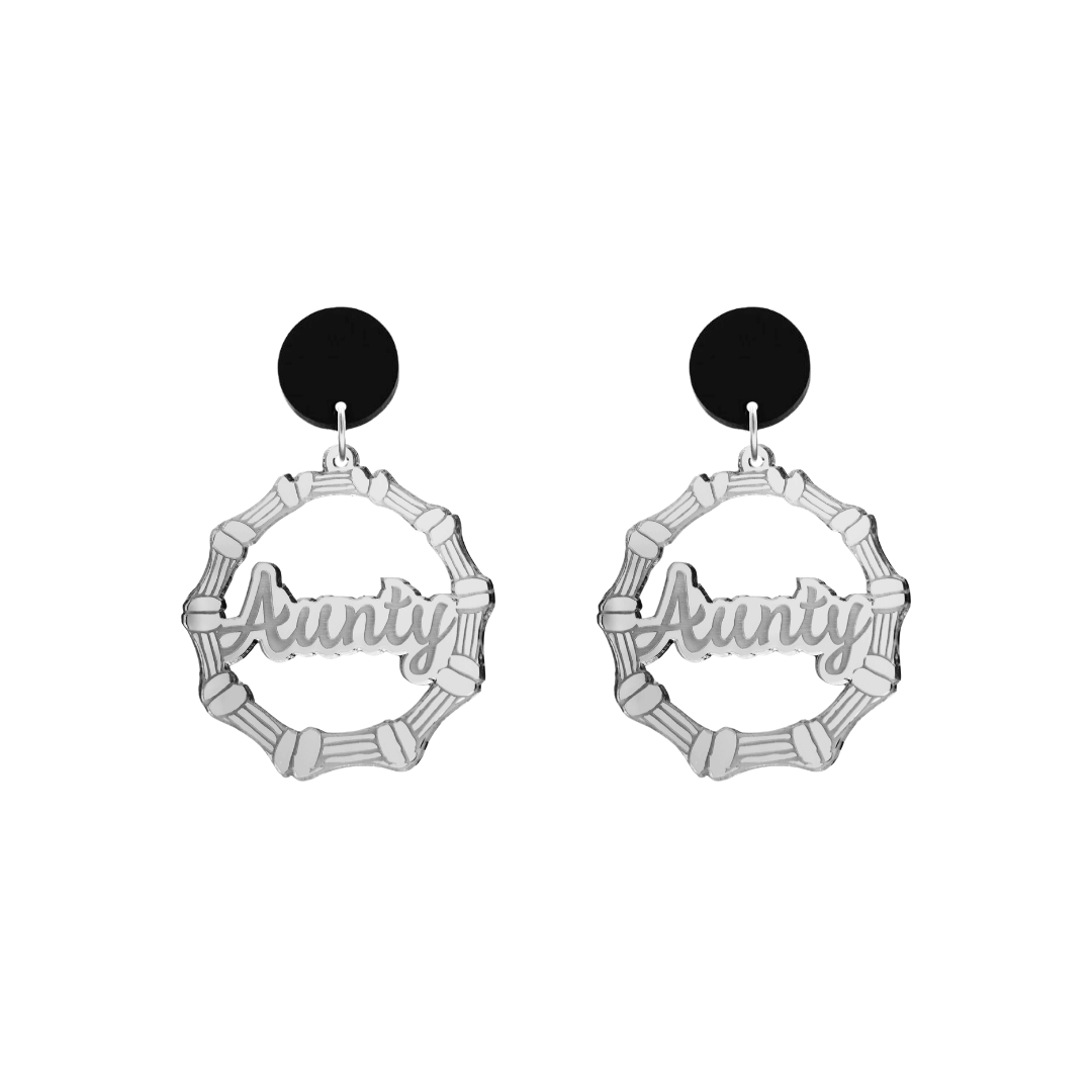 haus of dizzy acrylic silver mirror bamboo hoops with ollie cursive text that reads aunty with black circle stud tops size small