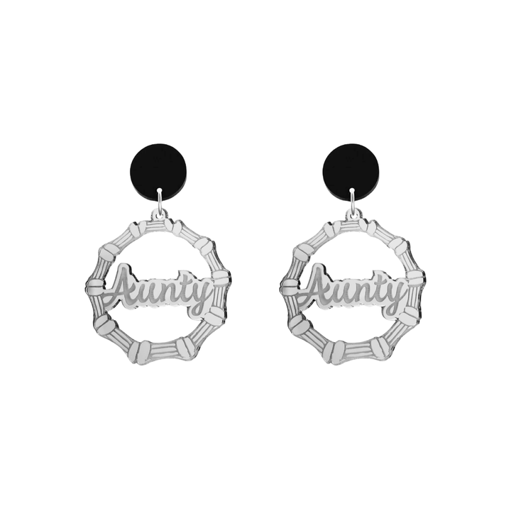 haus of dizzy acrylic silver mirror bamboo hoops with ollie cursive text that reads aunty with black circle stud tops size small