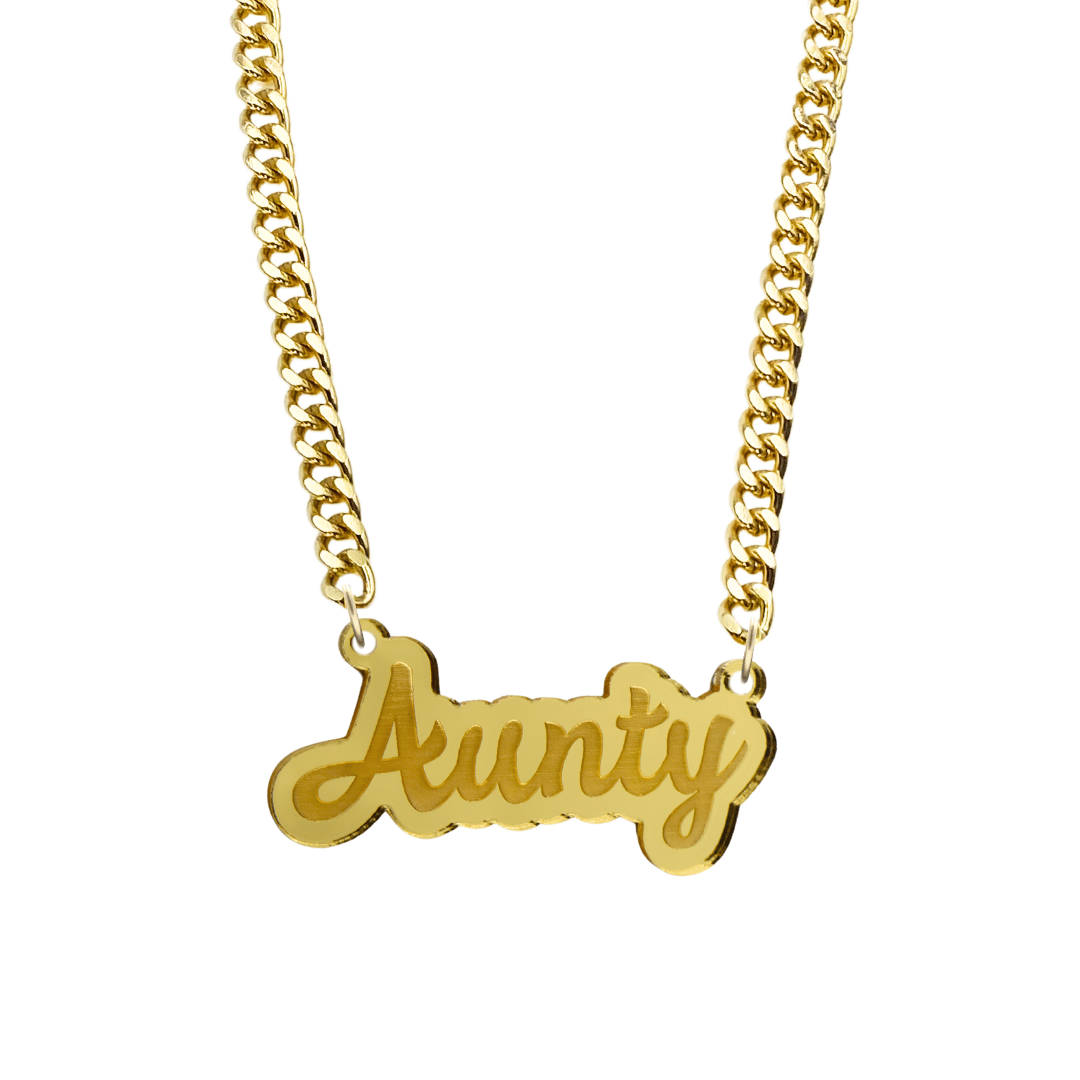 haus of dizzy gold necklace with 'Aunty' acrylic pendant size large
