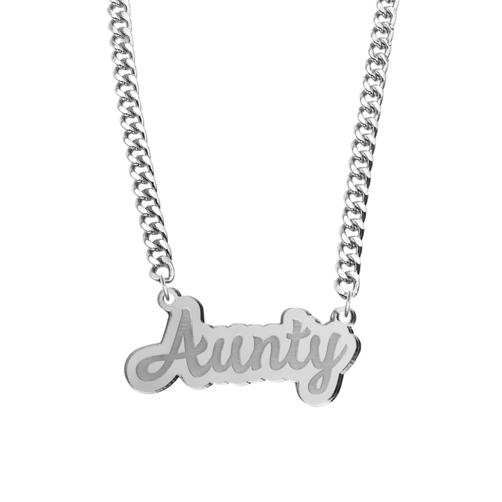 haus of dizzy silver necklace with 'Aunty' acrylic pendant size large