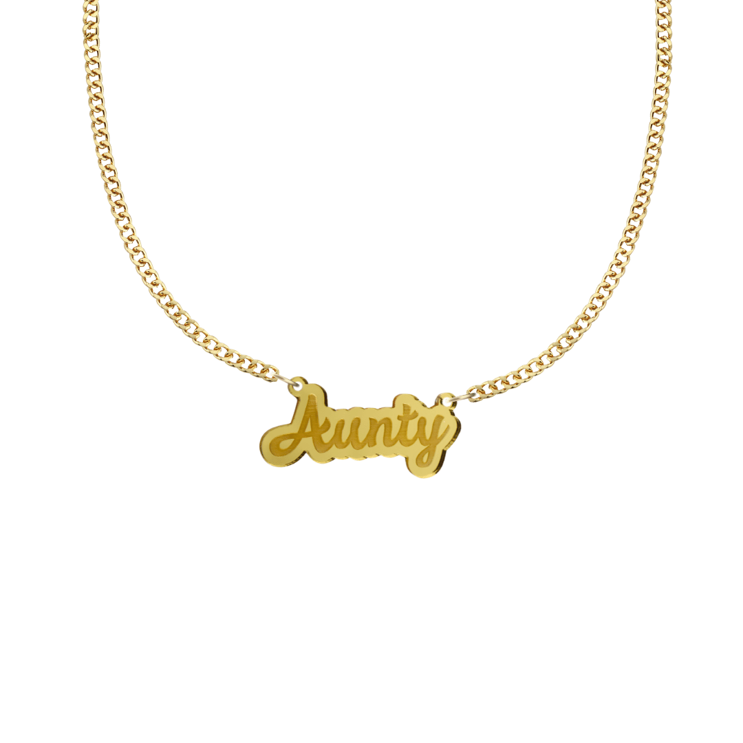 haus of dizzy gold necklace with 'Aunty' acrylic pendant size small