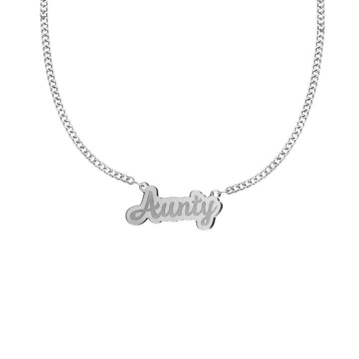 haus of dizzy silver necklace with 'Aunty' acrylic pendant size small