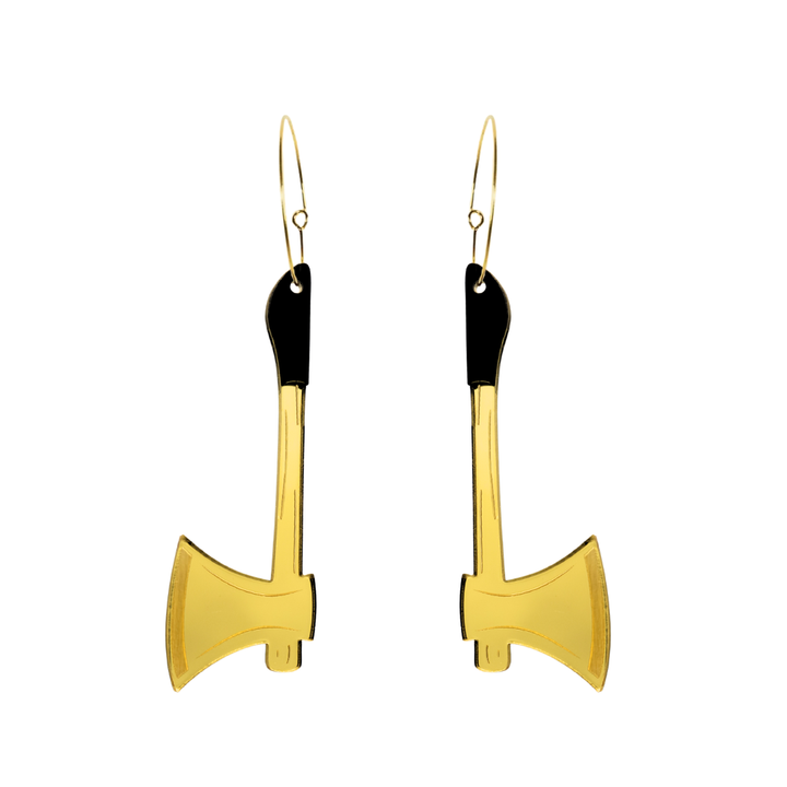 Haus of Dizzy Gold axe-shaped earrings with black accents on a white background