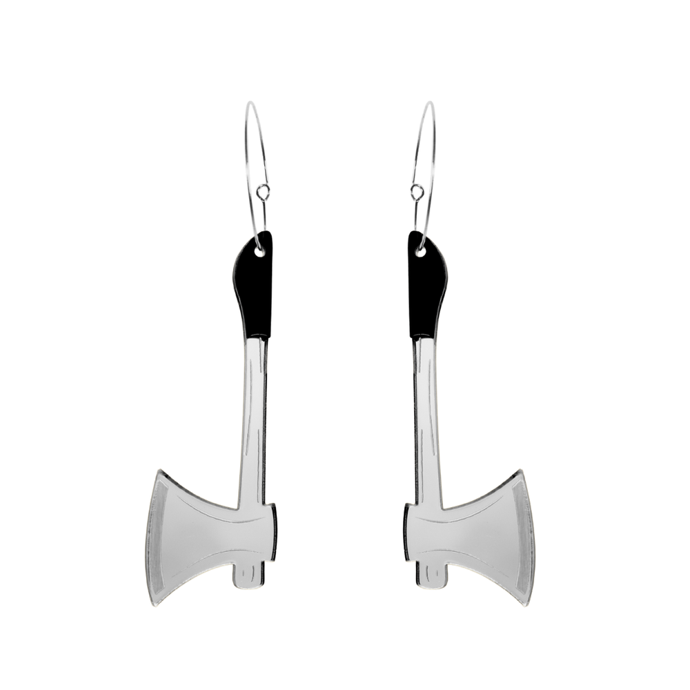 Haus of Dizzy silver axe-shaped earrings with black accents on a white background