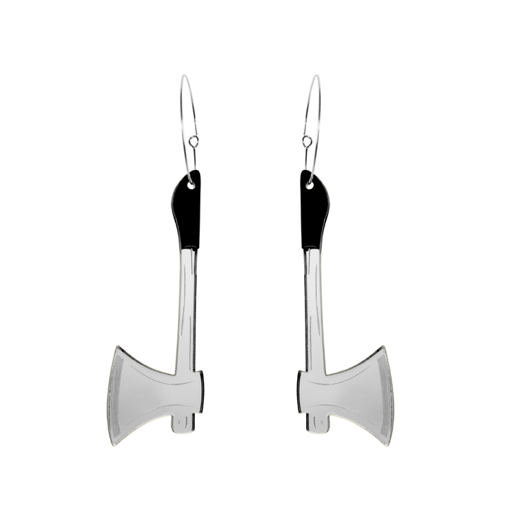 Haus of Dizzy silver axe-shaped earrings with black accents on a white background
