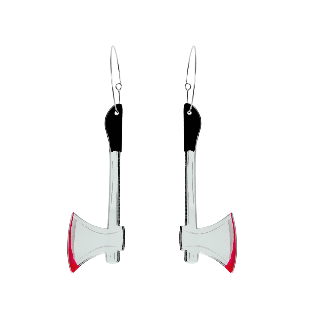 Haus of Dizzy silver axe-shaped earrings with black accents and blood red detail on edge on a white background