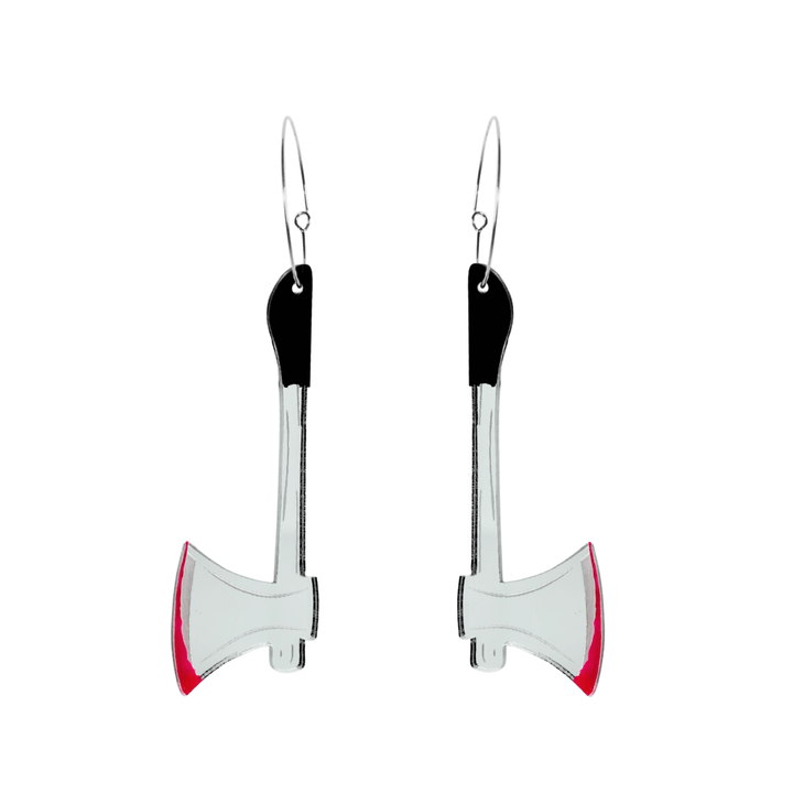 Haus of Dizzy silver axe-shaped earrings with black accents and blood red detail on edge on a white background