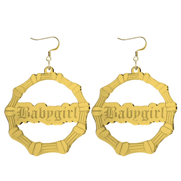 haus of dizzy acrylic gold mirror bamboo hoops with old english text that reads Babygirl with hooks no circle stud tops size large
