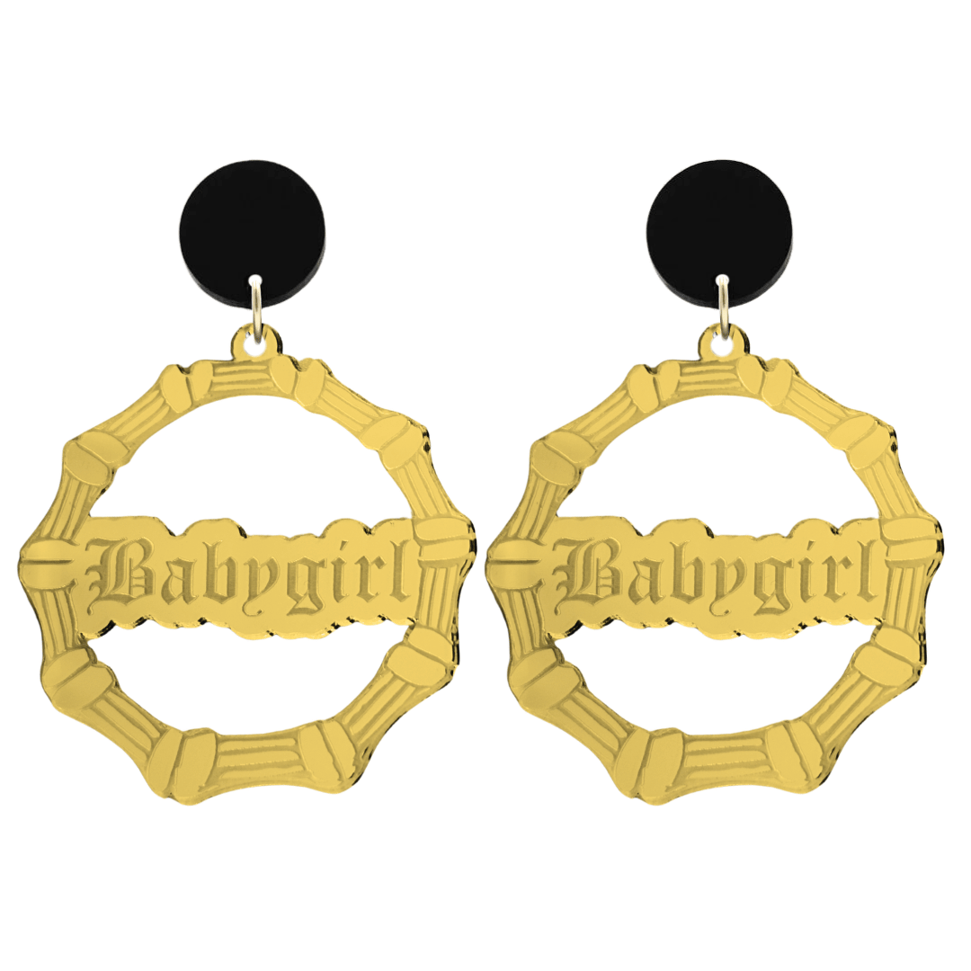 haus of dizzy acrylic gold mirror bamboo hoops with old english text that reads Babygirl with black circle stud tops size large