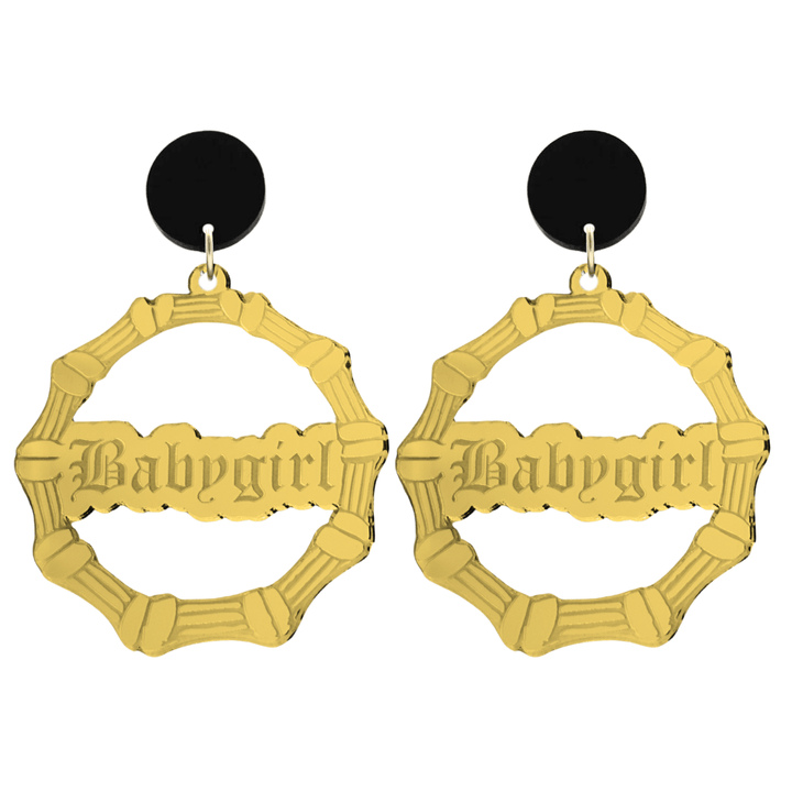 haus of dizzy acrylic gold mirror bamboo hoops with old english text that reads Babygirl with black circle stud tops size large