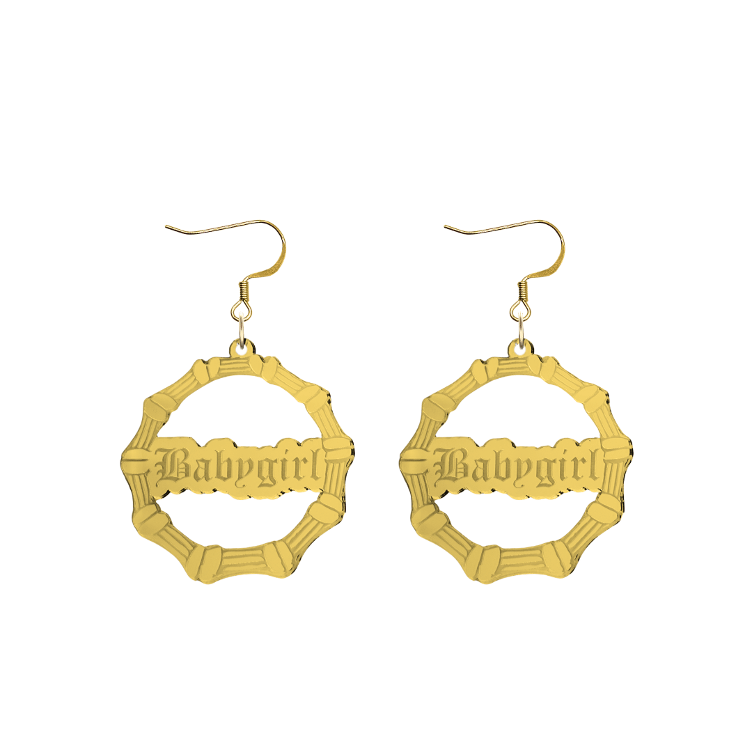 haus of dizzy acrylic gold mirror bamboo hoops with old english text that reads Babygirl with hooks no circle stud tops size small