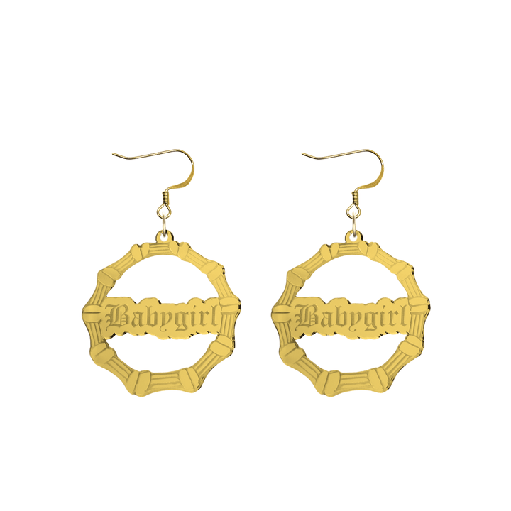 haus of dizzy acrylic gold mirror bamboo hoops with old english text that reads Babygirl with hooks no circle stud tops size small