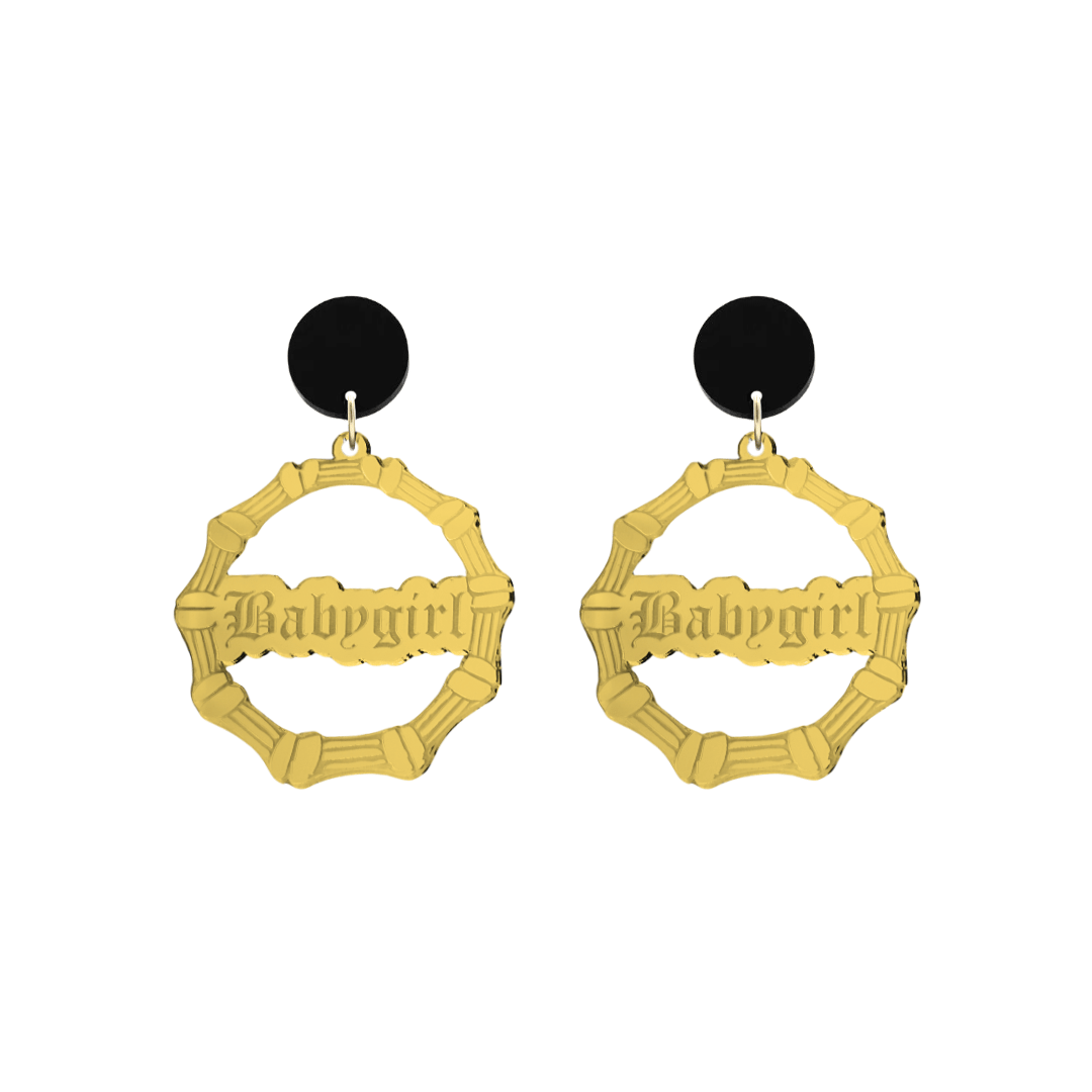 haus of dizzy acrylic gold mirror bamboo hoops with old english text that reads Babygirl with black circle stud tops size small