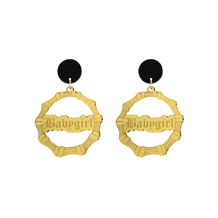 haus of dizzy acrylic gold mirror bamboo hoops with old english text that reads Babygirl with black circle stud tops size small