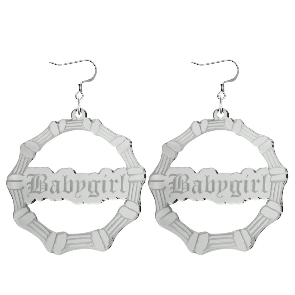 haus of dizzy acrylic silver mirror bamboo hoops with old english text that reads Babygirl with hooks no circle stud tops size large