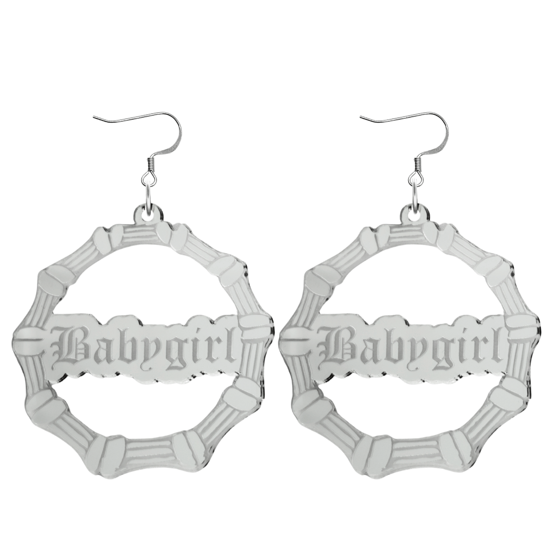 haus of dizzy acrylic silver mirror bamboo hoops with old english text that reads Babygirl with hooks no circle stud tops size large