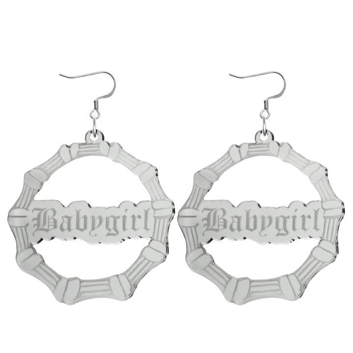 haus of dizzy acrylic silver mirror bamboo hoops with old english text that reads Babygirl with hooks no circle stud tops size large