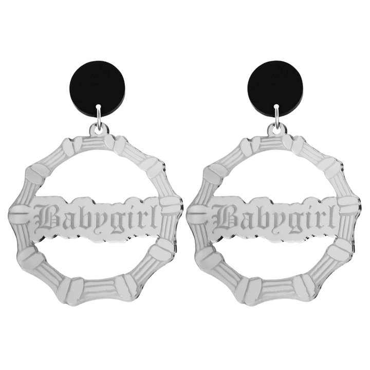 haus of dizzy acrylic silver mirror bamboo hoops with old english text that reads Babygirl with black circle stud tops size large