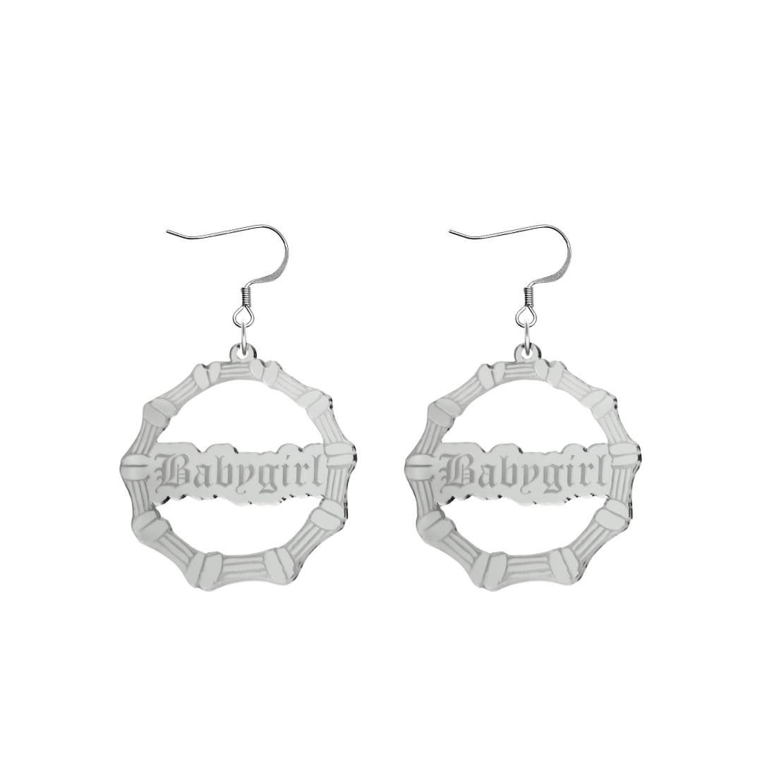 haus of dizzy acrylic silver mirror bamboo hoops with old english text that reads Babygirl with hooks no circle stud tops size small