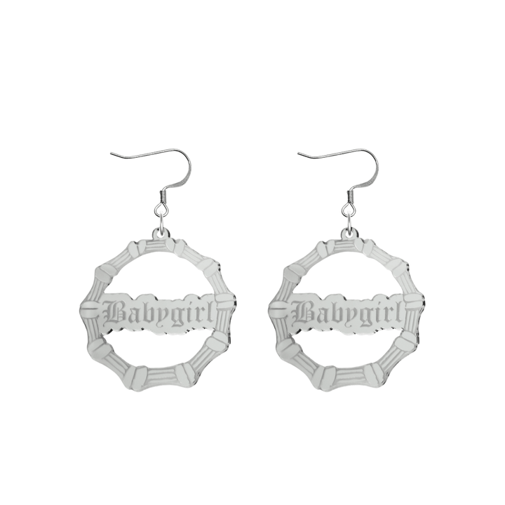haus of dizzy acrylic silver mirror bamboo hoops with old english text that reads Babygirl with hooks no circle stud tops size small