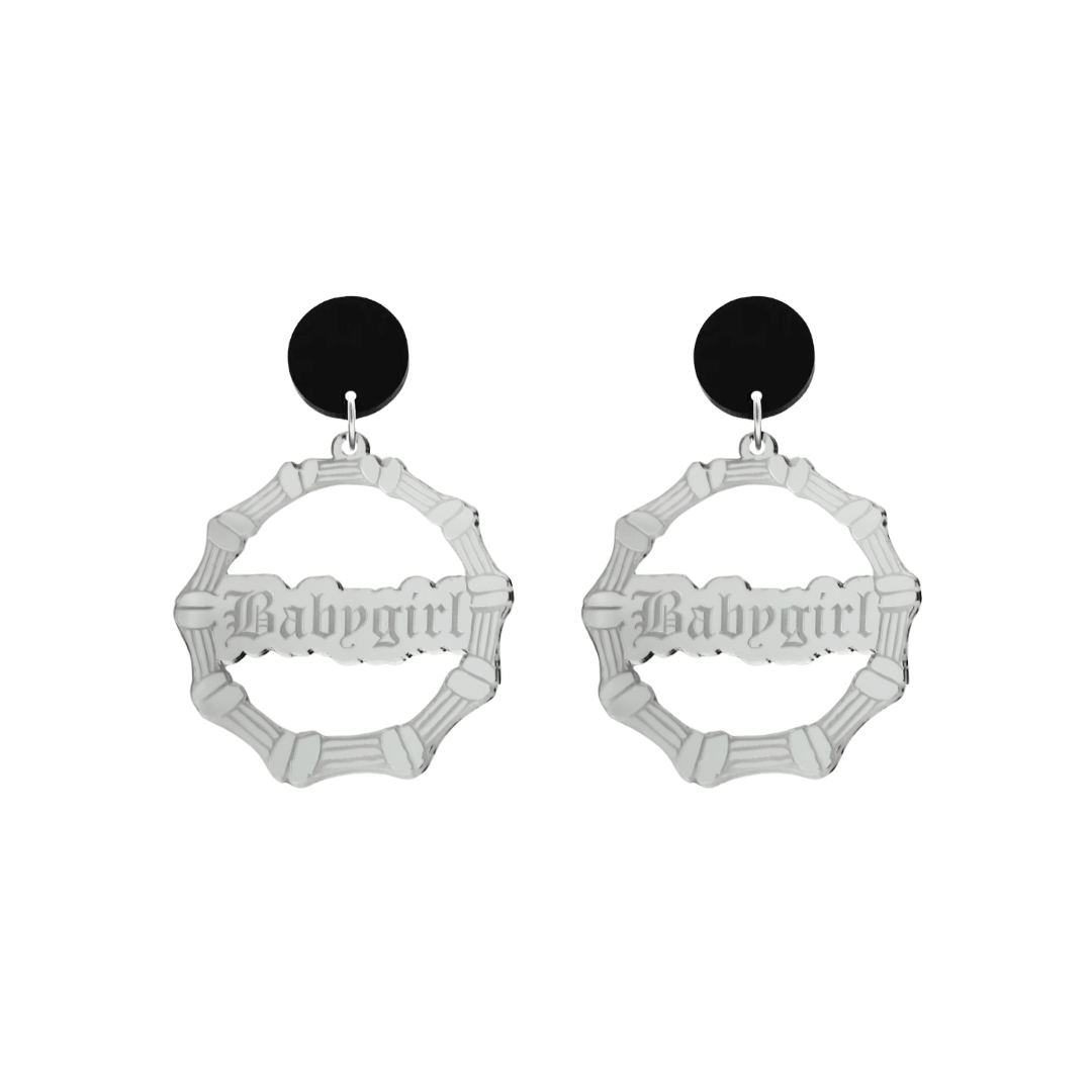 haus of dizzy acrylic silver mirror bamboo hoops with old english text that reads Babygirl with black circle stud tops size small