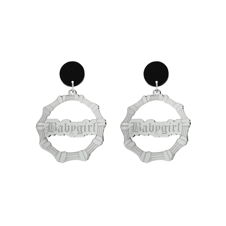 haus of dizzy acrylic silver mirror bamboo hoops with old english text that reads Babygirl with black circle stud tops size small